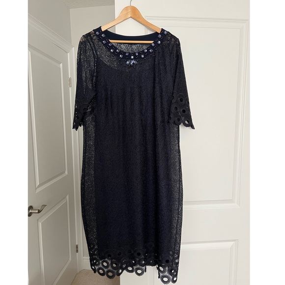 Beaded Navy Blue Lace Dress with Slip (included) - Size 16 - Picture 1 of 7